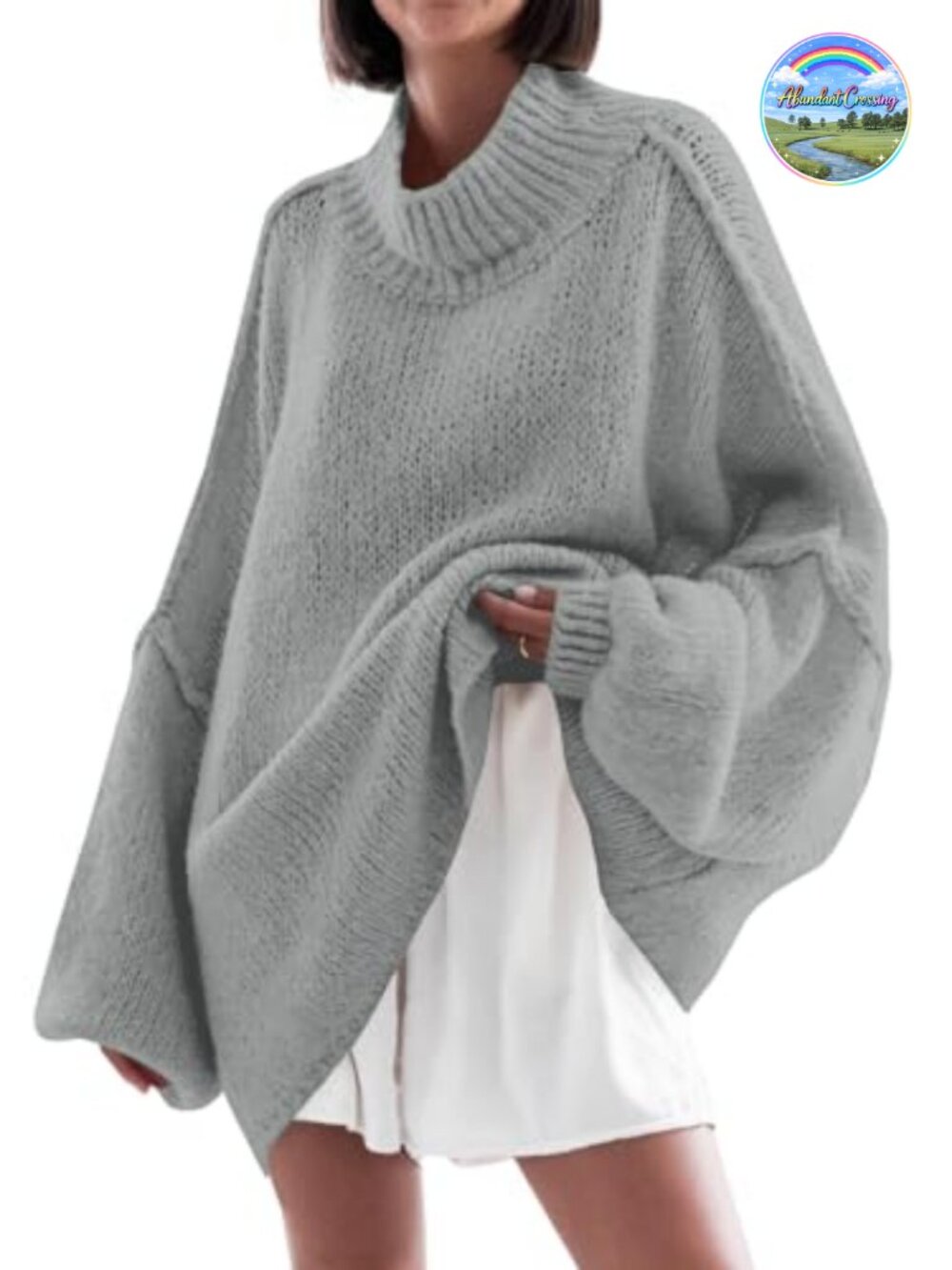 Oversized Tunic Sweater Mock Neck Ribbed Knit Batwing Long Sleeve Pullover